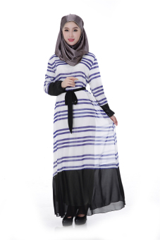 Womens Long Sleeve Stripe Kaftan Muslim Maxi Dress (Blue)(Intl)  