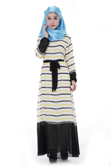 Womens Long Sleeve Stripe Kaftan Muslim Maxi Dress (Yellow)(Intl)  