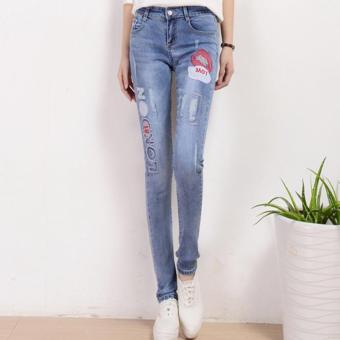 Women's Mid-waisted Conical Full Length Pencil Pants Korean Jean With Scratched Light Blue - intl  