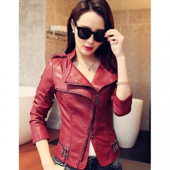 Women's Motorcycle leather Jacket fashion Slim PU short paragraph Casual Lady Girl Turn Down Collar Long Sleeve Outerwear Coat-Red - intl  