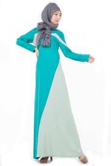 Womens Muslim Color Washlight Long Sleeve Maxi Dress (Green)  
