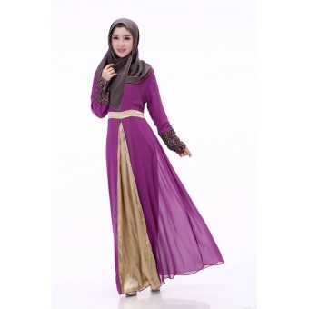 Women's Muslim Splicing Long Sleeve Maxi Dress (Purple)  