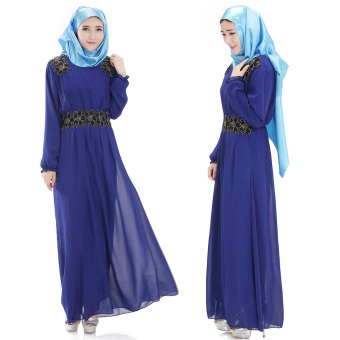 Women's Muslimah Dress Long Sleeves Round Collar Plain Traditional Style Chiffon Long Dress Moslem Islam Dress Blue - intl  