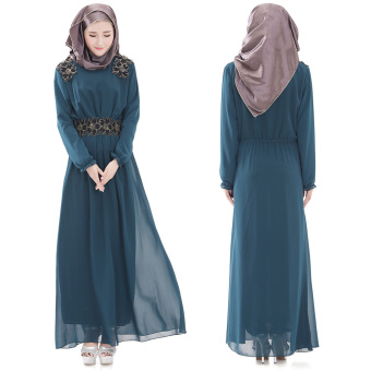 Women's Muslimah Dress Long Sleeves Round Collar Plain Traditional Style Chiffon Long Dress Moslem Islam Dress Green  