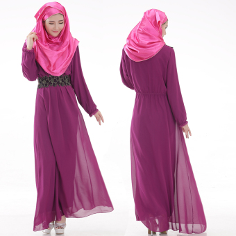 Women's Muslimah Dress Long Sleeves Round Collar Plain Traditional Style Chiffon Long Dress Moslem Islam Dress Purple  