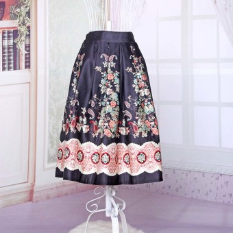 Women's National Style Floral Pattern Floral Skater Blossom Print Midi Skirt - Intl  