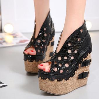 Women's Peep Toe Wedge Sandals Korean Party Shoes with Cut Out Black - intl  