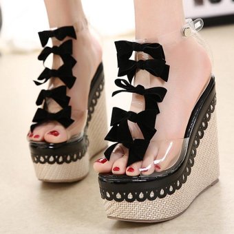 Women's Peep Toe Wedge T-strap High Heels Sweet Party Sandals with Bow Black - intl  