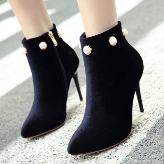 Women's Pointed Toe Stiletto Ankle Boots London Party High Heels with Rhinestone Black - intl  