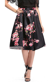 Women's Retro Floral Pattern Pleated Swing Midi Skirt (Black)  