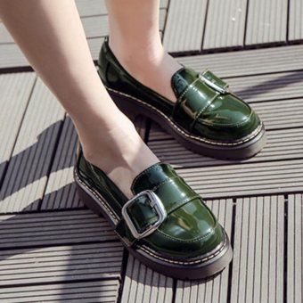 Women's Round Toe Flat Brogue Shoes London Casual Loafers with Buckle Green - intl  