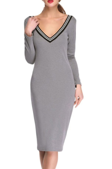 Women's Sexy V-Neck Long Sweater Sheath Maxi Dress Grey L  