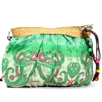 Womens Small Handmade Bohemian Straw Beach Purse Shoulder Bag Green  