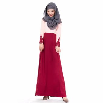 Womens South Korea Hemp Muslim Kaftan Islamic Long Sleeve Maxi Dress Arab Jilbab Abaya Cloth (Red) - intl  