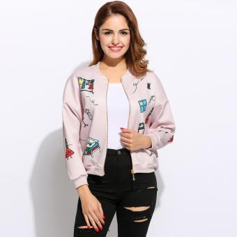 Women's Stand Collar Drop-Shoulder Sleeve Zip Up Print Short Bomber Jacket - intl  