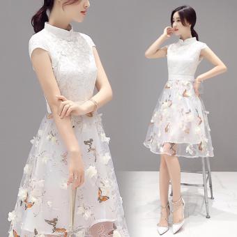 Women's summer Korean version Slim high waist dress female lace short-sleeved Eugen yarn dress - intl  