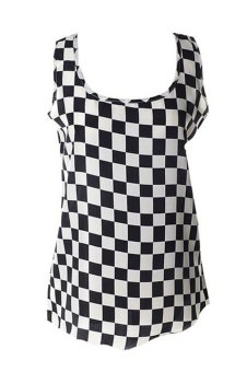 Women's Summer O-neck Sleeveless Vest Chiffon Plaid Loose Bottoming Shirt (Black)  