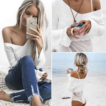 Womens Sweater Loose Sexy Jumper Knitwear Crop Tops V-Neck Long Sleeve Pullover - intl  