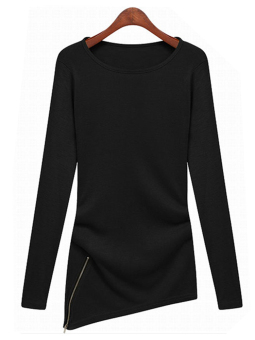 Women's T-Shirt Flexible Round Collar Long Sleeve Tops (Black)  