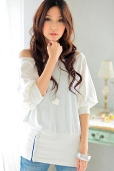 Women's T-Shirts Color Matching Bat Short Sleeved Button Design (White)  
