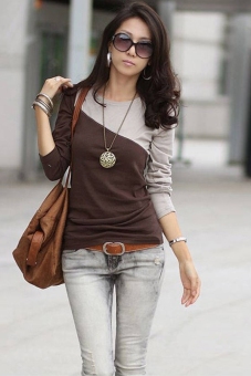 Women's T-Shirts Long Sleeve round collar Double color stitching (Coffee)  
