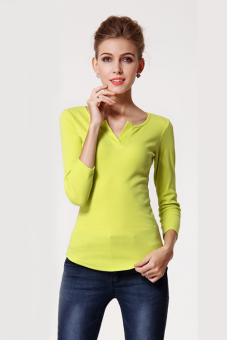 Women's V-neck Bottoming Shirt Pure Color Tops Blouse S-XL (Green) - intl  
