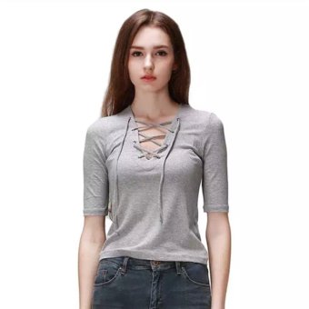 Women's V Neck Lace Up Slim Fit Tee (Grey)  