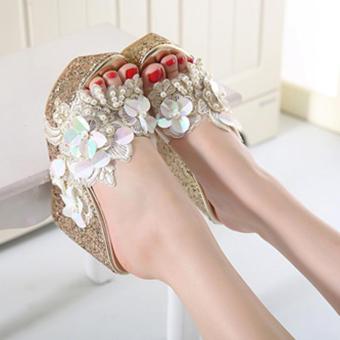Women's Wedge Shoes Fashion Slippers with Flowers Glod - intl  