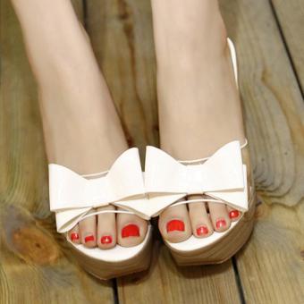 Women's Wedge Sling Back High Heels Sweet Party Slippers with Bow White - intl  