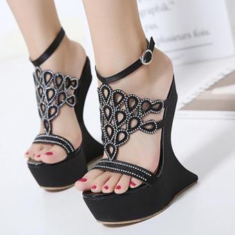 Women's Wedge Sling Back Sandals Korean Party Fantasy Heel High Heels with Crystal Black - intl  