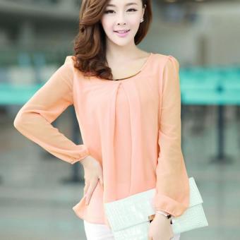 YBC Lady Long-sleeved Straight Chiffon Blouses Shirts Unlined Upper Garment Pink - intl  