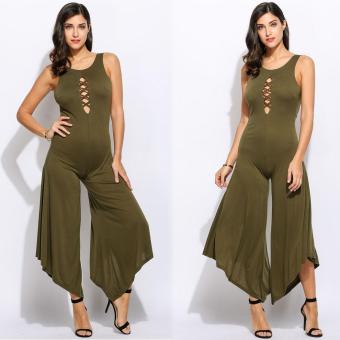 Yidabo Women Front Cross Straps Hollow Out Backless Round Collar Wide Leg Asymmetrical Ruffle Hem Tank Jumpsuits Bodysuits (Army Green) - intl  