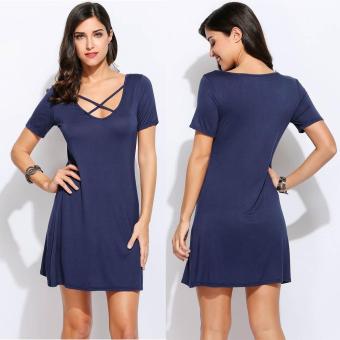 Yidabo Women Short Sleeve Solid V Neck Vintage Style Casual Dress ( Dark Blue) - intl  