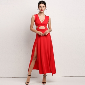 Yika Women's Sleeveless V-neck Maxi Dress (Red) - intl  