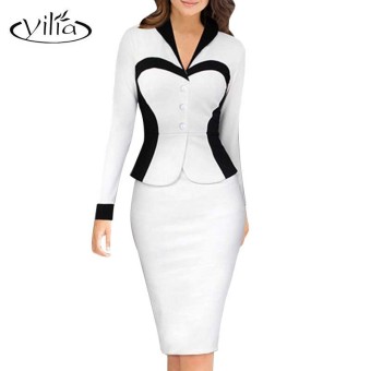 yilia 2017 Autumn Spring Women Work Dress Elegant Fitted Slim White Patchwork Midi Pencil Bodycon Long Sleeve Office Dresses - intl  