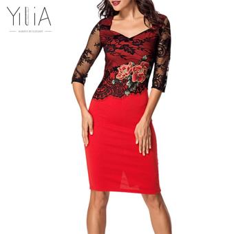 Yilia Lace Embroidery See Through Floral 3 Quarter Sleeve Party Occasion Bridemaid / Mother Wear Plus Size Bodycon Dresses Women-Red - intl  