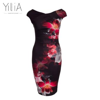 Yilia Tropical Print Dress Elegant Women Plus Size Dress Summer Sleeveless Floral Rose Casual Party Sheath Office Bodycon Dress-D139 - intl  