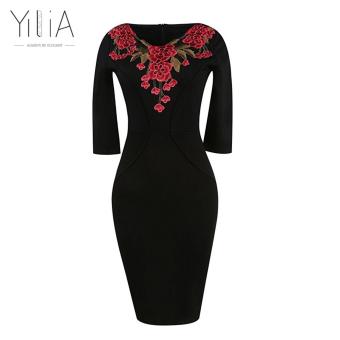 Yilia Tropical Print Embroidery Dress Elegant Women Plus Size Dress Summer Sleeveless Floral Rose Casual Party Sheath Office Bodycon Dress-D135 - intl  