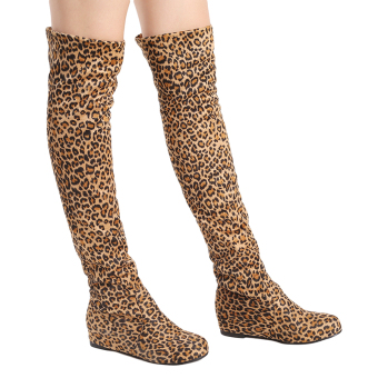 YingWei Women Winter Boots Leopard Anti-Skidding Inner Heighten Flat Bottom High Knee Long Boots Yellow  