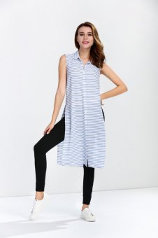 Yishion Sleeveless striped long shirt -Blue-  