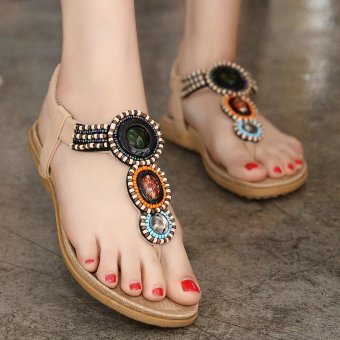 YOCHO New Fashion Lady Classic Causal Beach Flat Sandals With High Quality Leather And Crystal Flip Flops(Apricot) - Intl  