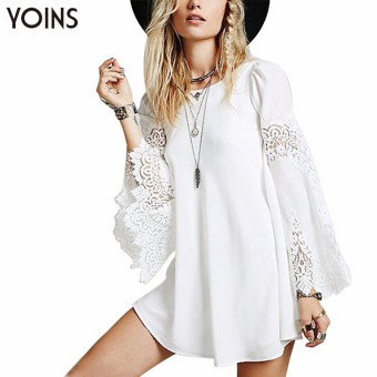 YOINS 2016 New Woman Sexy Chiffon Lace Splice Longsleeve A-line Mini Dress Fashion Hollow Out Swing Dresses Casual Beach Wear - intl  