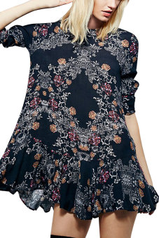 YOINS Back Cut Out Floarl Printing in Black Crew neck Long sleeves Floral printing Dress - intl  