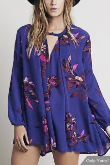 YOINS Floral Print Long Sleeves Shirt Dress in Blue  