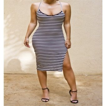 YOINS New Black and White Striped Halter Bodycon Dress - intl  