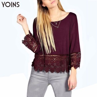 YOINS Women Lace Crochet Loose Long Sleeve Blouse Tops Casual O-neck Wine Red Shirt Blusas Femininas  