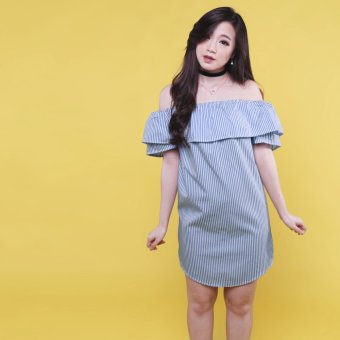 Yoorafashion Gaun Wanita - Linies Casual Dress - Stripe Sabrina Dress - Biru Muda  
