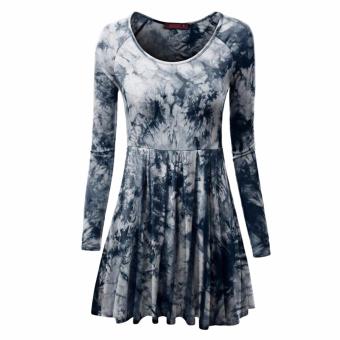 ZAFUL Casual Long Sleeve Round Collar Floral Print Dress For Women(Deep Blue) - intl  