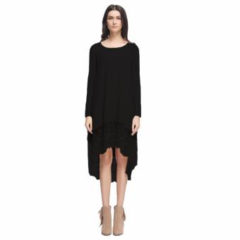 ZAFUL Long Sleeve Round Collar Lace Spliced High-low Hem Dress For Women(Black) - intl  