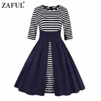 Zaful Women Fashion Pleated Striped Dress Retro Style Printing (Red) - intl  